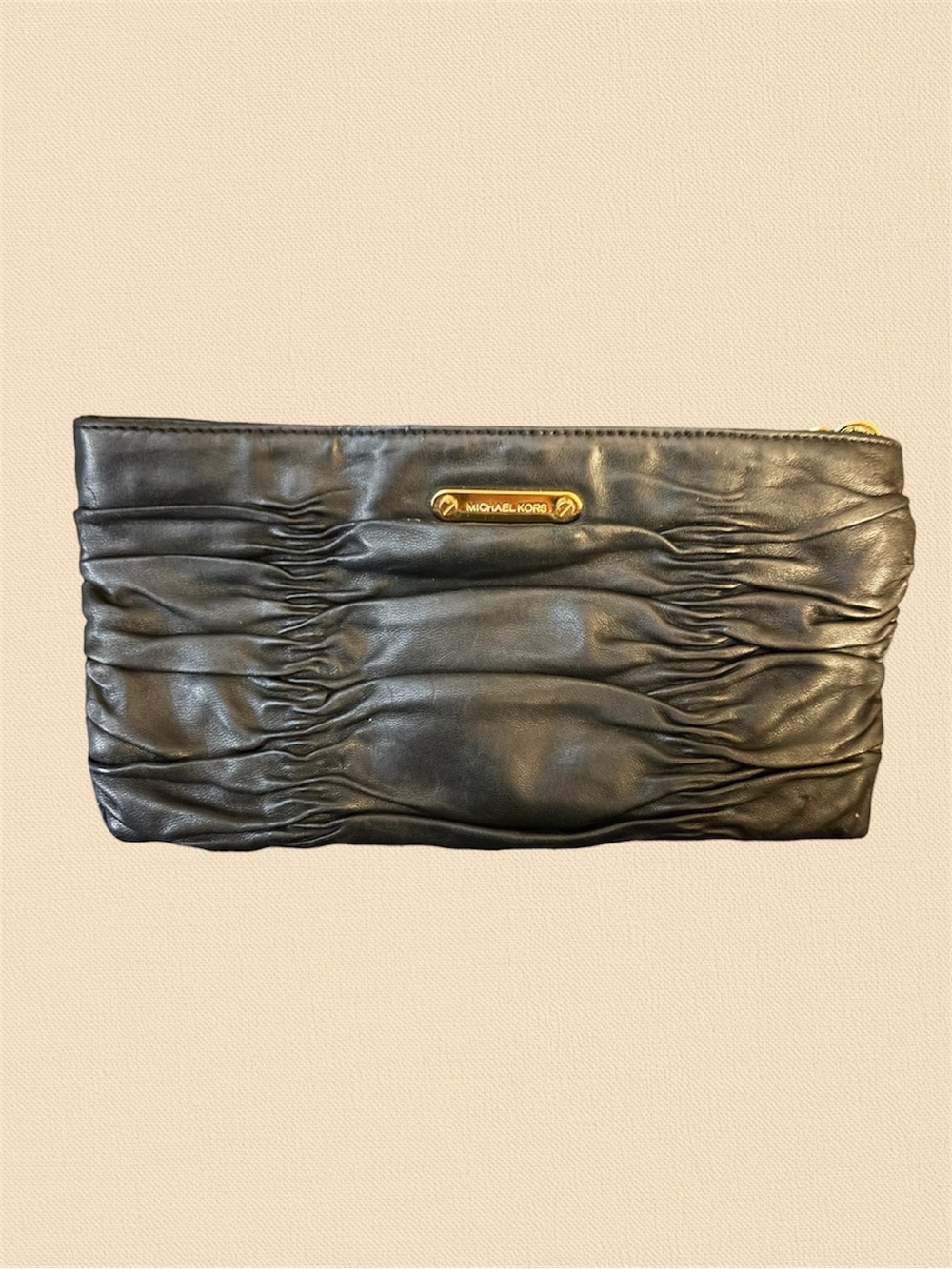 Michael Kors Black Ruched Leather Clutch Crossbody Purse